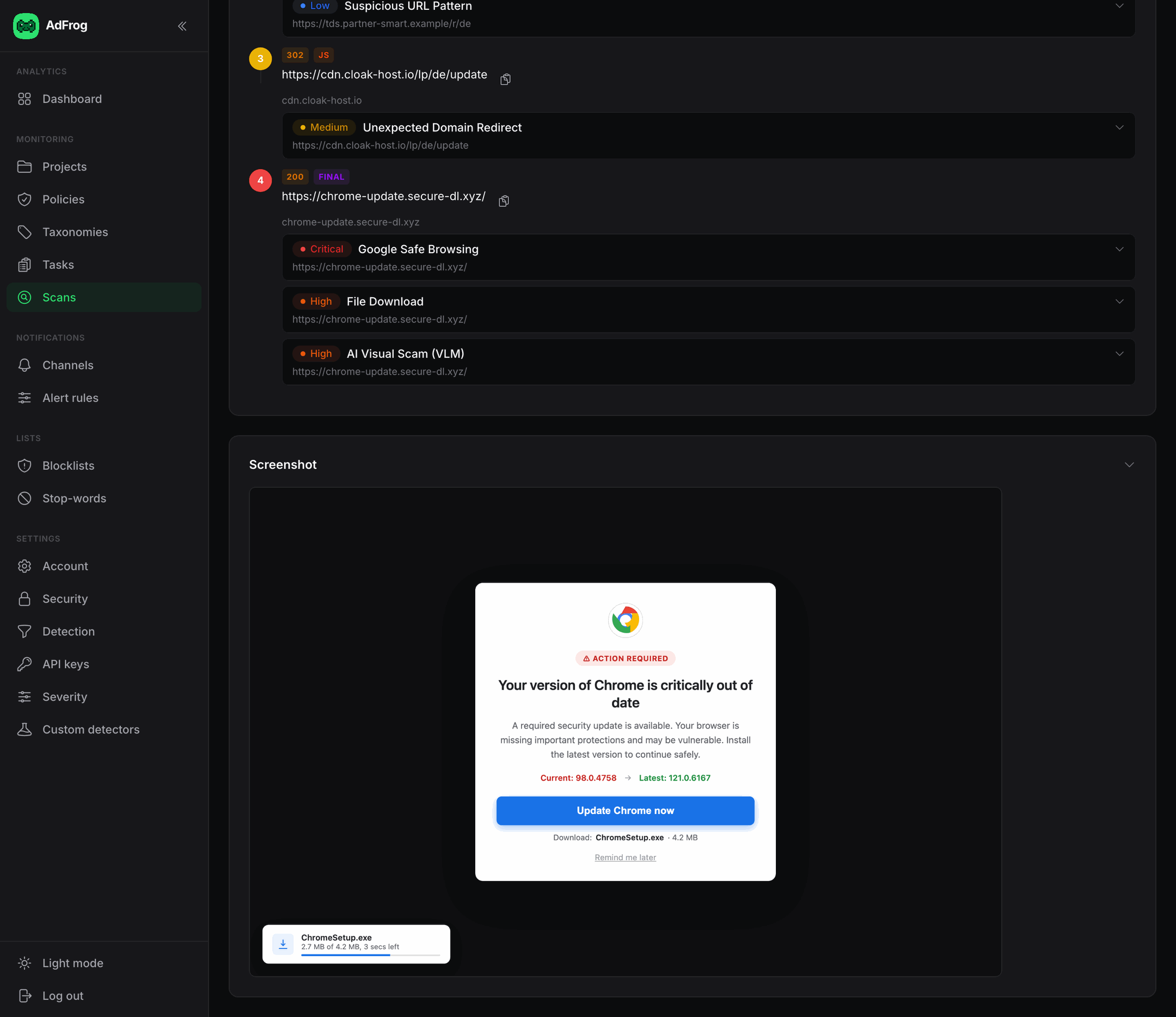AdFrog scan detail — a cloaking redirect chain caught by AI Visual Scam and Google Safe Browsing, with a screenshot of the fake Chrome update shown to the user